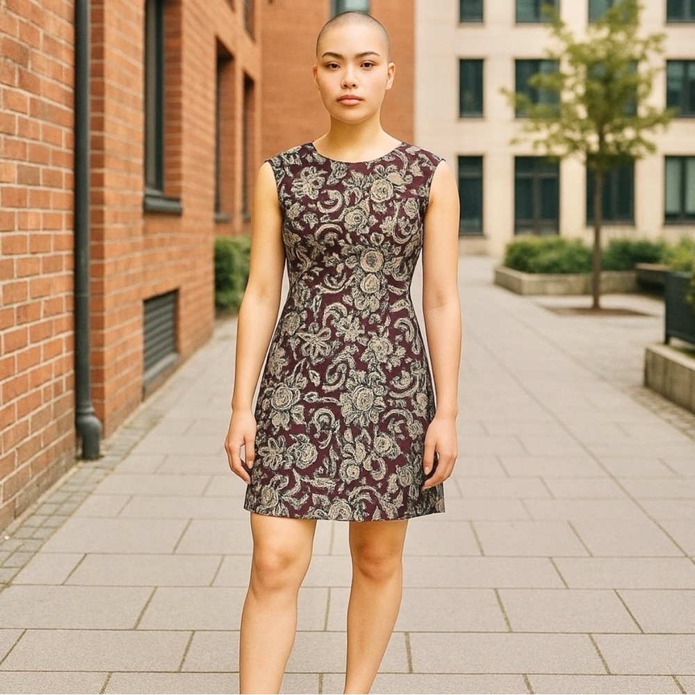Sleeveless Stretch Cotton Burgundy Maroon Floral Sheath Dress size XS